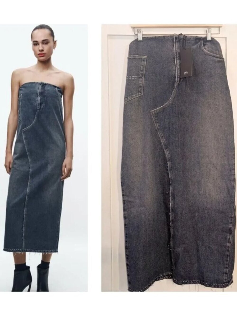 NEW! Zara | Topstitched Strapless Denim Midi Dress